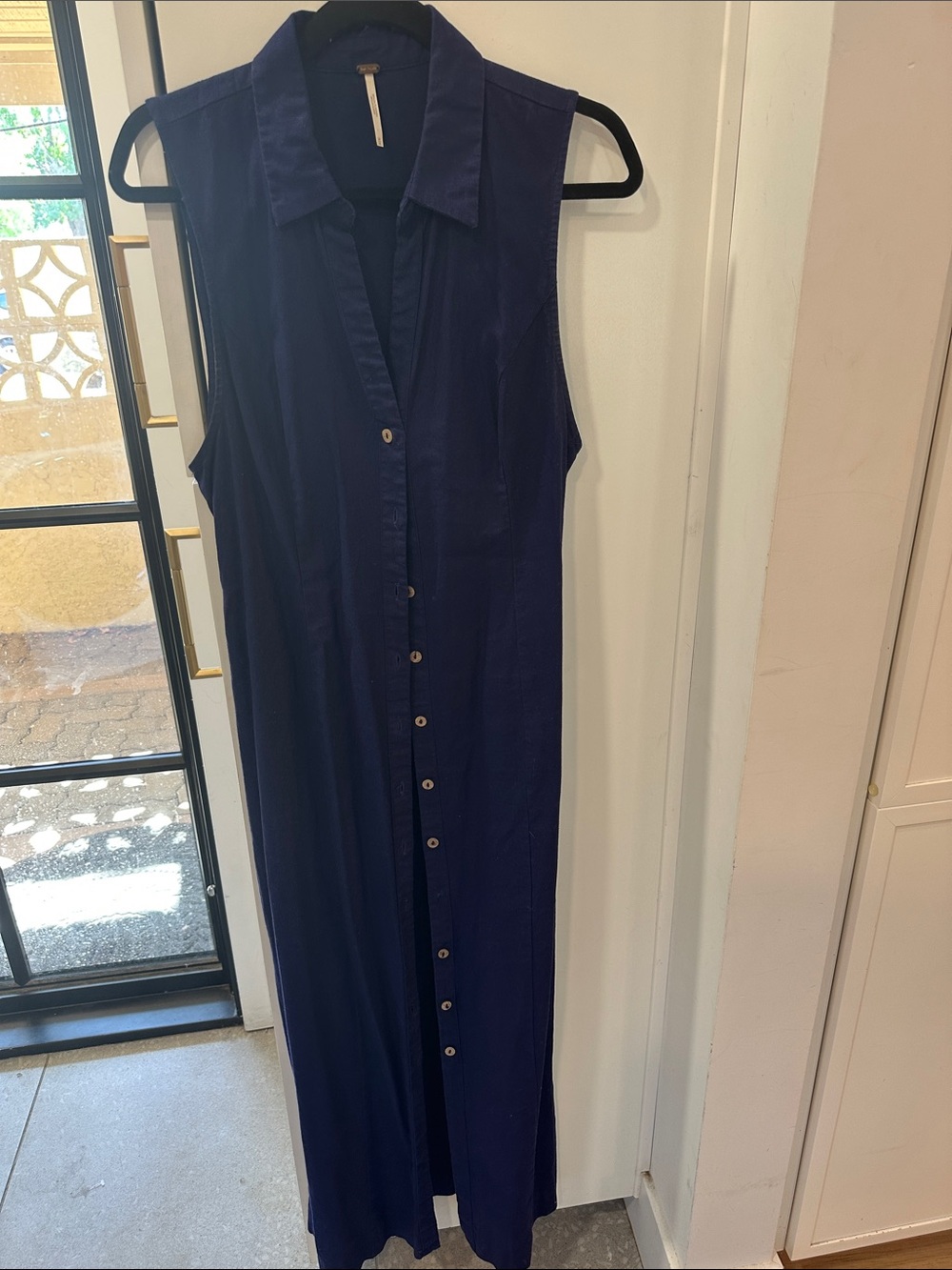 Free People Sleeveless Button-Front Linen Maxi Shirt Dress - Navy
